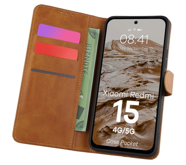 Bizon z klapką Pocket do Xiaomi Redmi 15 4G / 5G Brązowy