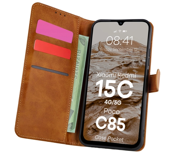 Bizon z klapką Pocket do Xiaomi Redmi 15C 4G / 5G / POCO C85 4G Brązowy