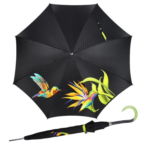 Parasol damski Doppler Manufaktur Elegance Boheme Tropicale półautomatyczny długi czarny wzór koliber