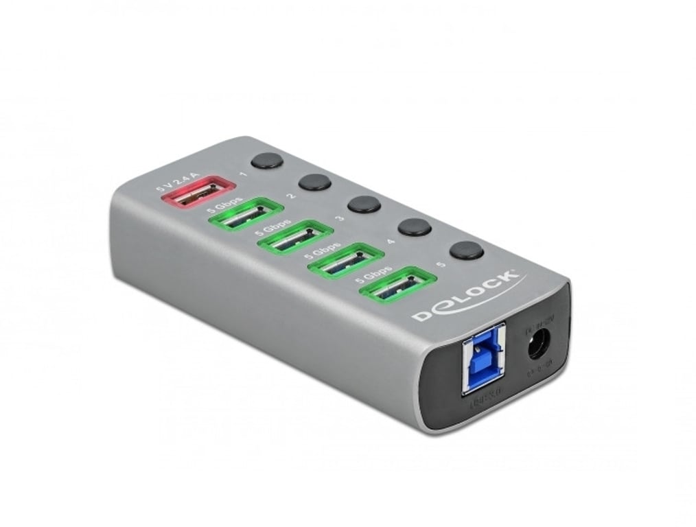 DeLOCK Hub USB 5 Gbps z 4 Portami + 1 Portem ładowania + 1 Portem USB-C PD 3.0 z przełącznikiem i podświetleniem 63263