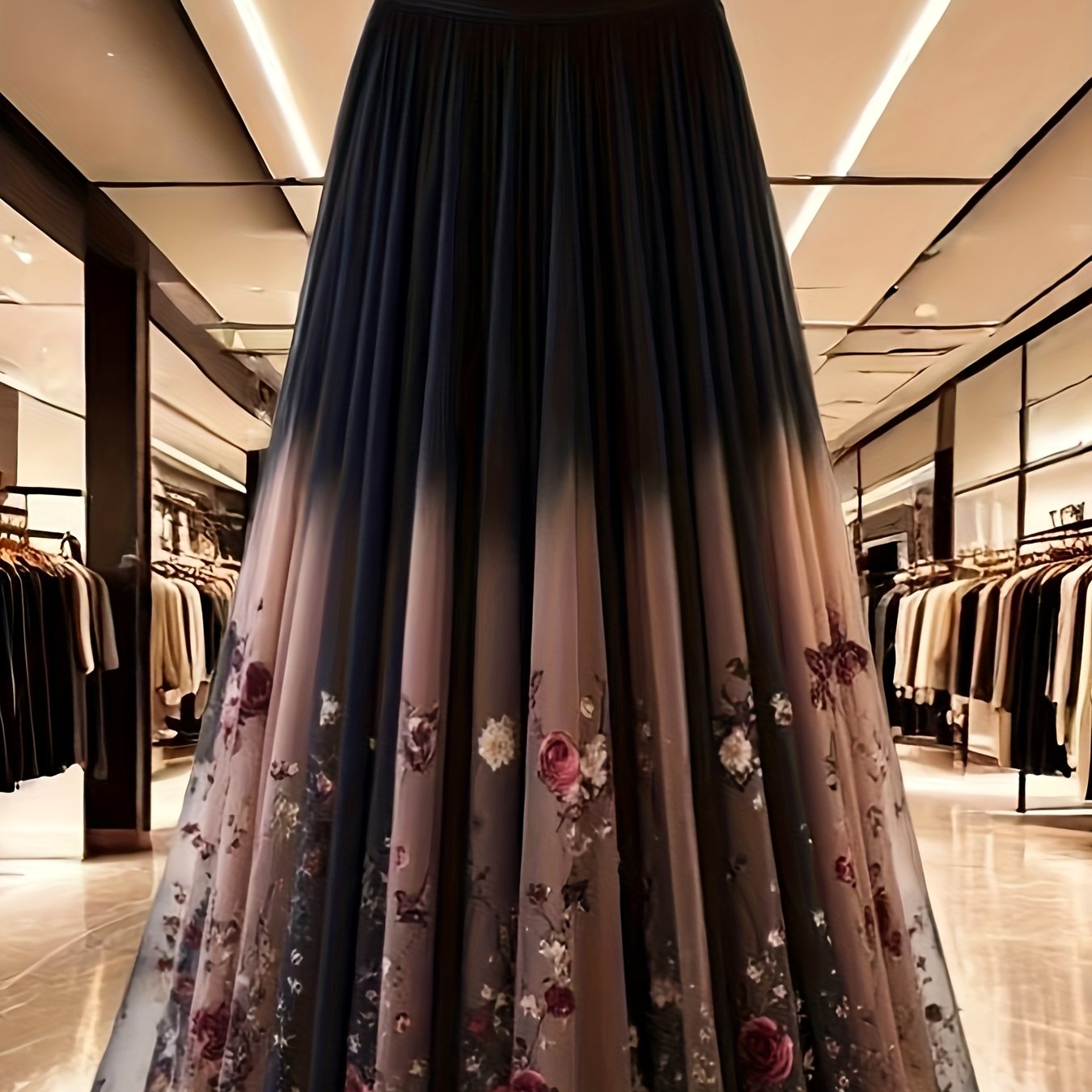 TEMU Spódnica A-line w stylu vintage francuskim Jesienno-zimowa gradientowa spódnica z kwiatowym nadrukiem, zwiewnym drape i kontrastowymi