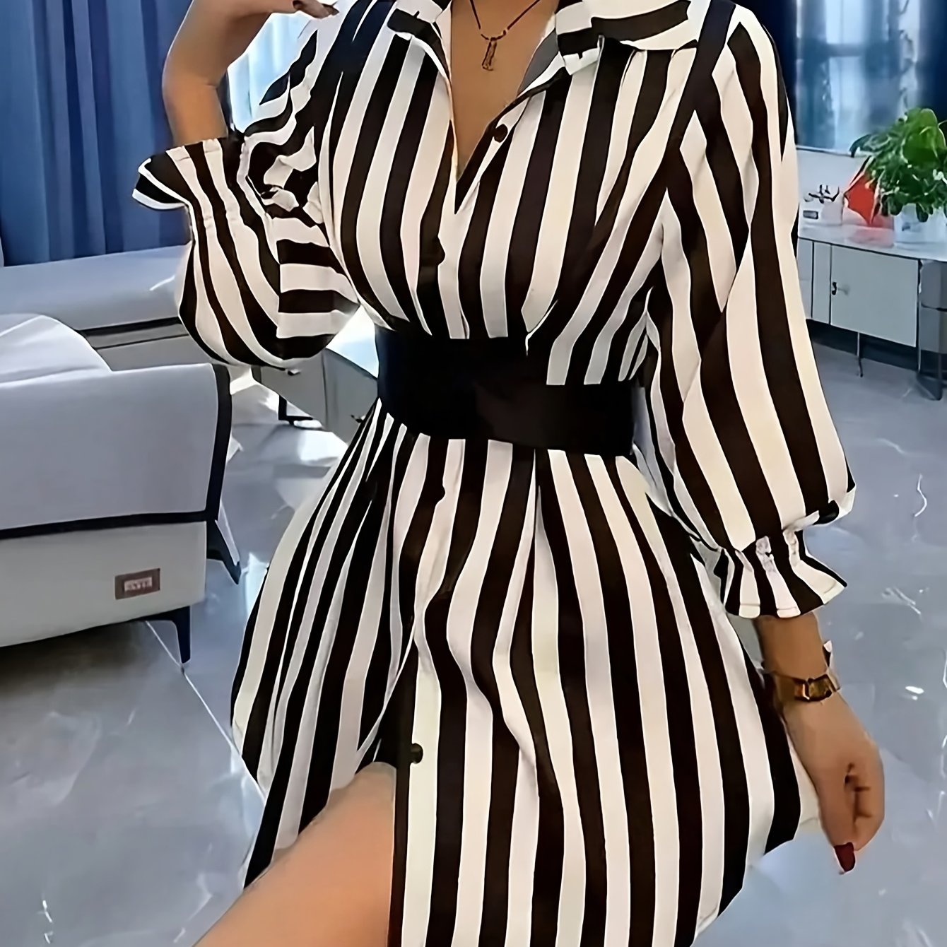 TEMU Elegancka Biało-Czarna Bluzka Midi w Paski dla Kobiet - Krótki Rękaw z Kołnierzykiem i Pasem do Wiązania, Sylwetka A-Line na Biuro, Casual oraz