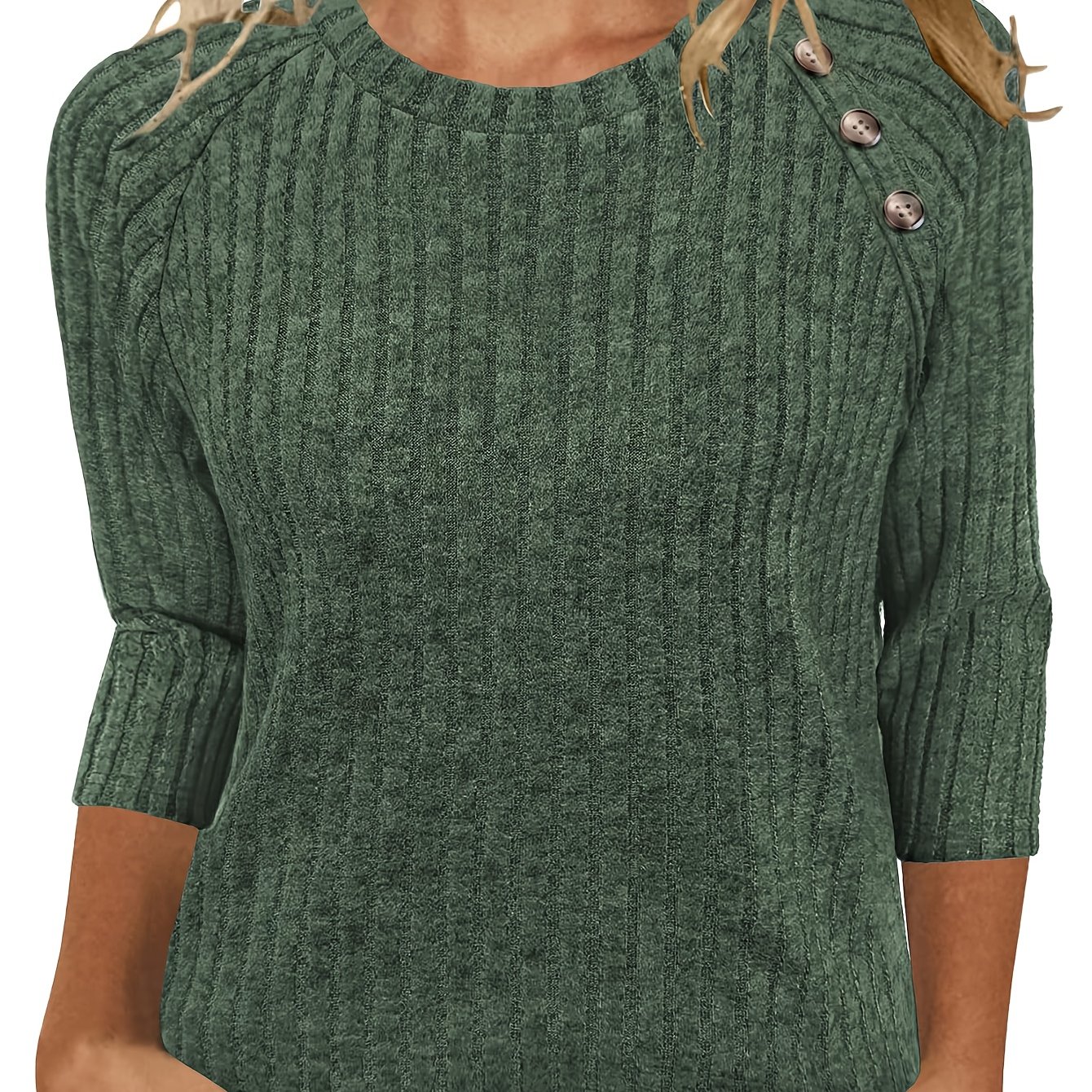 TEMU Damski Sweter w Kolorze Oliwkowym z Rękawem 3/4 - Casualowa Bluzka na Guziki o Zaokrąglonym Dekolcie, Lekki Top Warstwowy Na Każdą Porę Roczną,