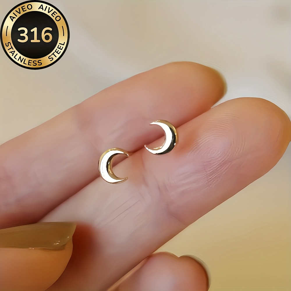 TEMU Damskie Hipoalergiczne Kolczyki Sztyfty ze Stali Nierdzewnej w Kształcie Złotego Księżyca - Pozłacane KC, Antyblaknące, Delikatne Beżowe,