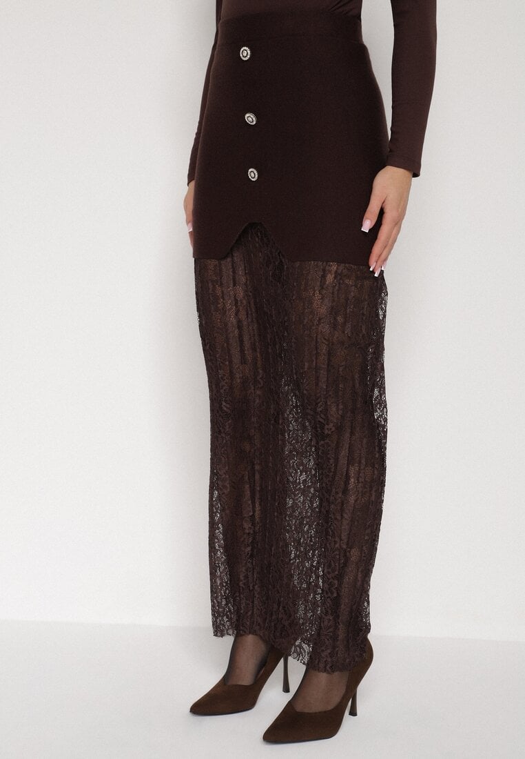 Brązowa Dzianinowa Spódnica z Wiskozą Zdobiona Koronką i Guzikami Sewora
