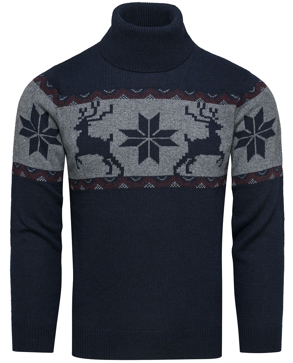 Wełniany granatowy sweter męski z golfem norweski wzór Recea