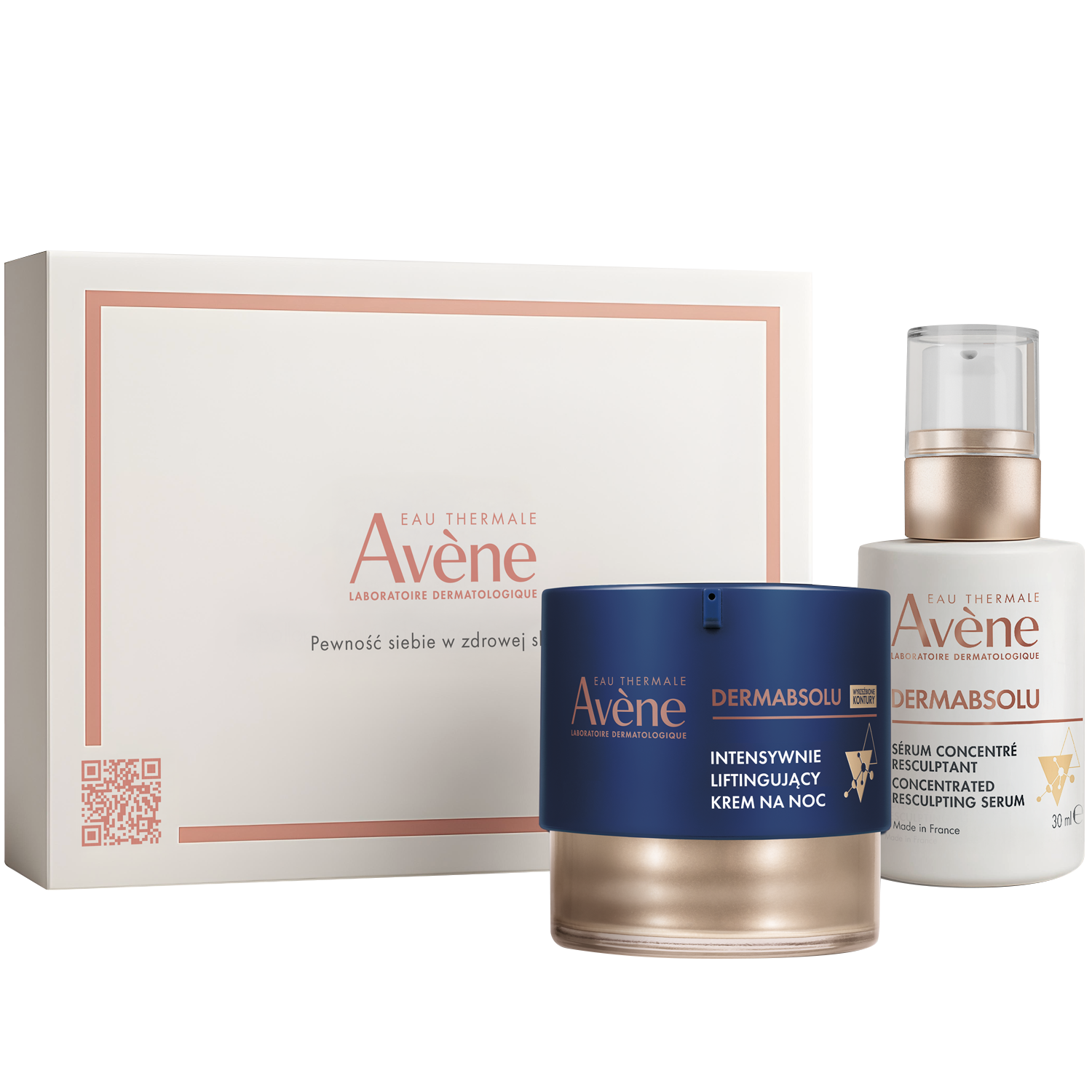 Zestaw Avene Dermabsolu Skoncentrowana pielęgnacja odmładzająca, intensywnie liftingujący krem na noc, 40 ml + serum przywracające kontur twarzy, 30 ml