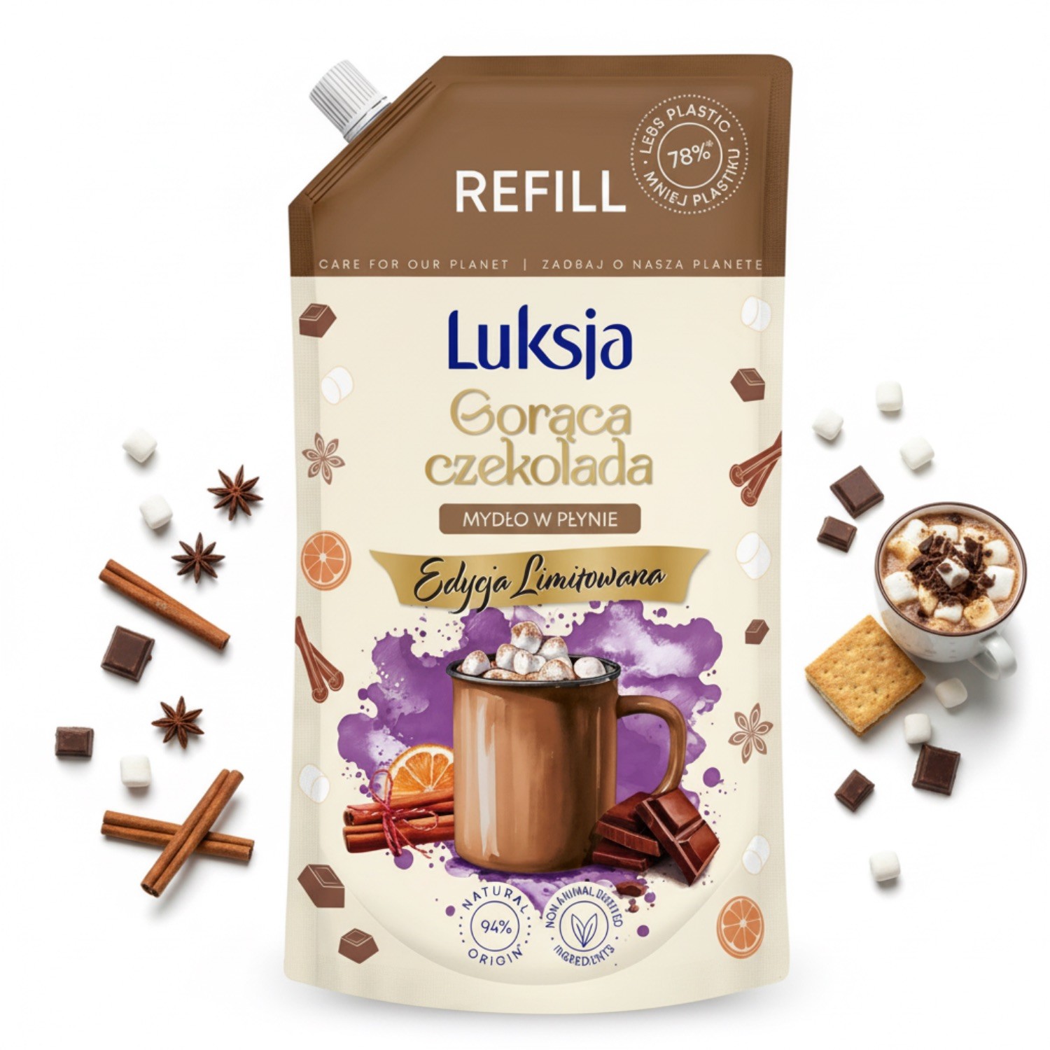 Zimowe mydło w płynie o zapachu gorącej czekolady Luksja, zapas 900 ml