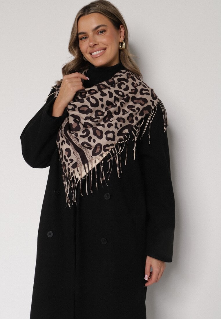 Brązowy Panterkowy Szalik z Wiskozy Zdobiony Frędzlami Ferenea
