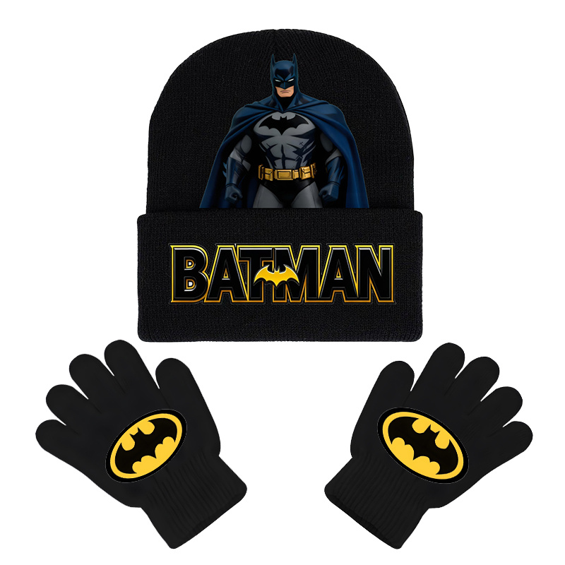 TEMU WB Batman Kreskówkowy Zestaw Czapki Dzianinowej z Rękawicami, Bros Moda Wzór Nietoperza Unisex Akcesoria na Zimę na Zewnątrz, Zimna Casualowa