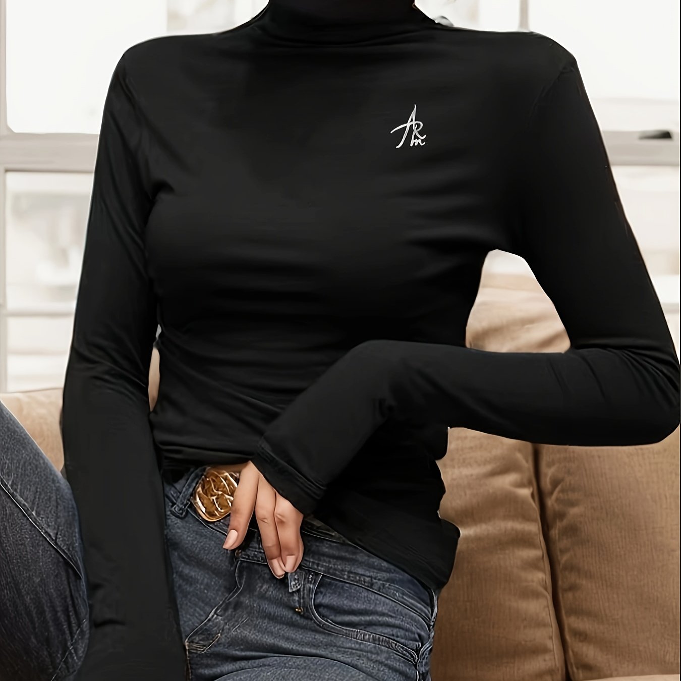 TEMU Bluzka Damska z Wysokim Kołnierzem i Długim Rękawem - Termiczna, Elastyczny Geometryczny Haft, Czarno-Biała Elegancka Koszula na Jesień/Zimę,