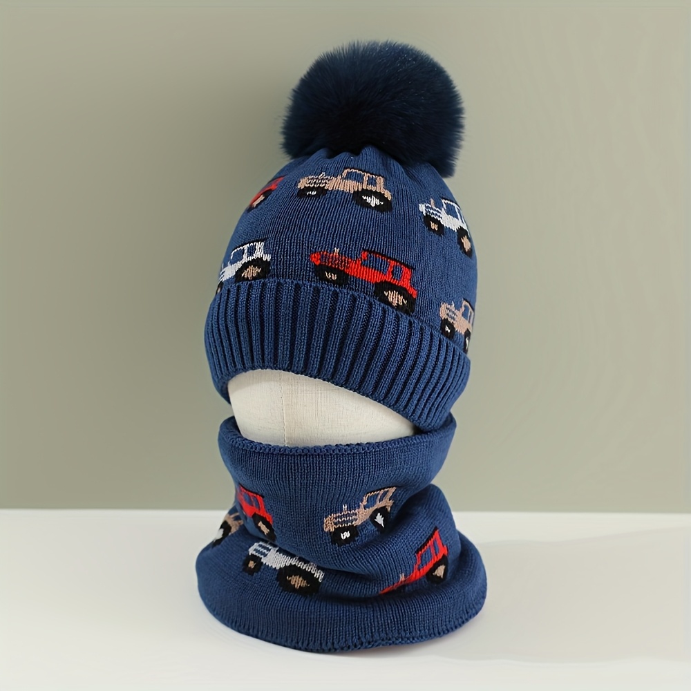 TEMU 2 szt. Zimowy ciepły zestaw dla chłopców: czapka i szalik Oddychająca i miękka dzianina z nadrukiem ciężarówek i samochodów, idealna do