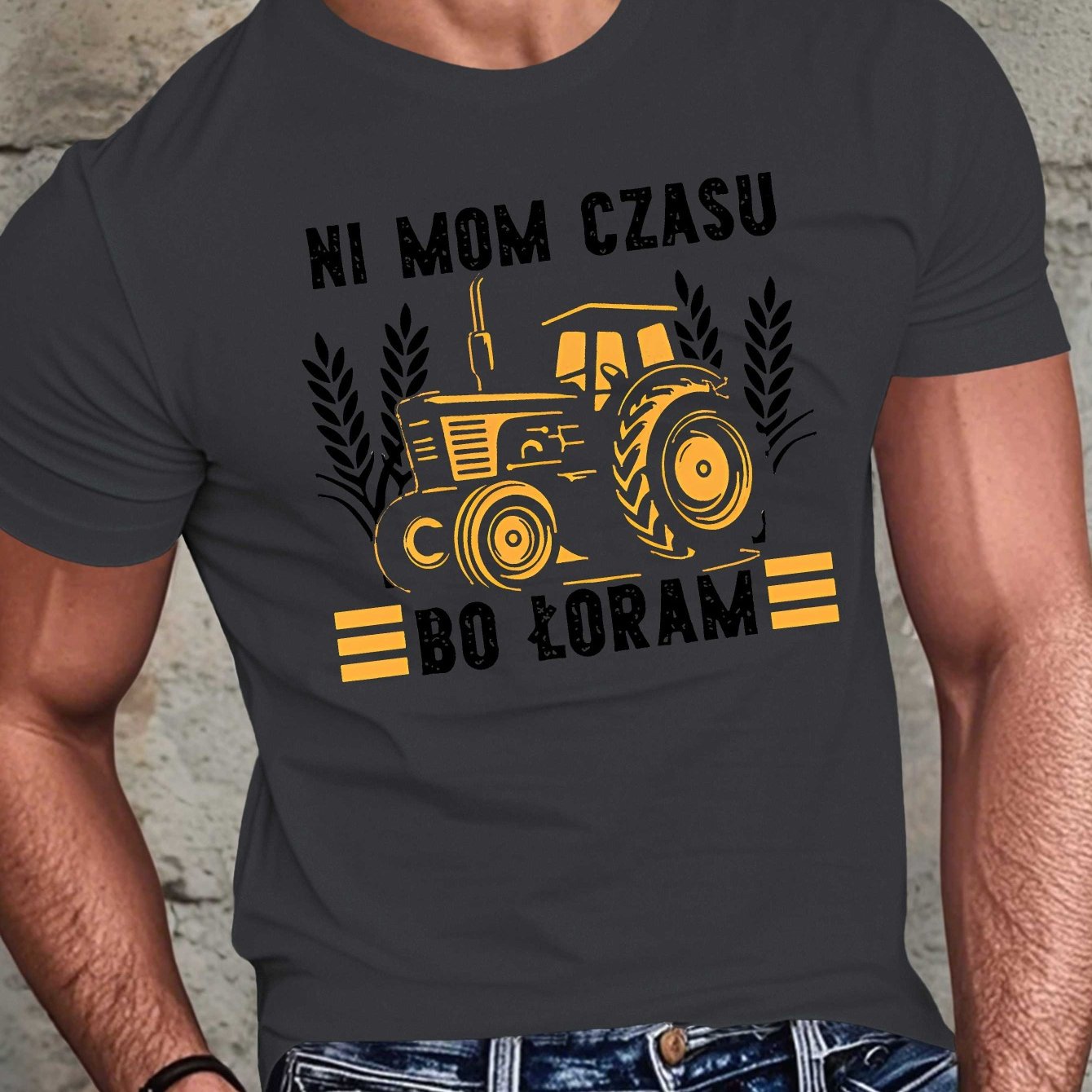TEMU Męska koszulka z nadrukiem „Ni Mom Czasu Bo ” - Czarne, casualowe letnie koszulki z motywem traktora i laurowego wianka, miękka poliesterowa