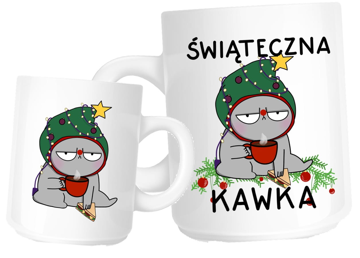 ŚWIĄTECZNY KUBEK NA PREZENT NA ŚWIETA - ŚWIĄTECZNA KAWKA Kot w zielonej czapce