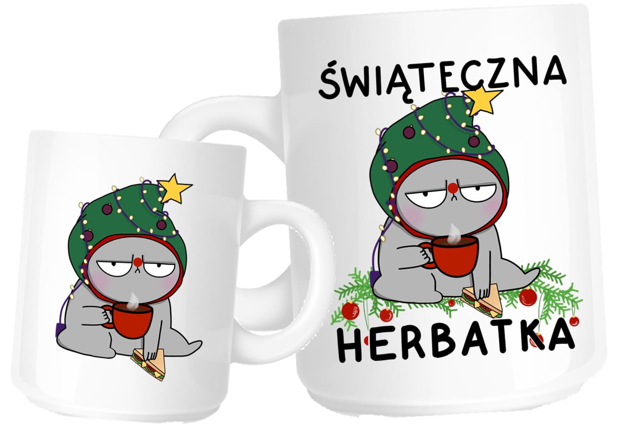ŚWIĄTECZNY KUBEK NA PREZENT NA ŚWIETA - ŚWIĄTECZNA herbatka Kot w zielonej czapce (1)