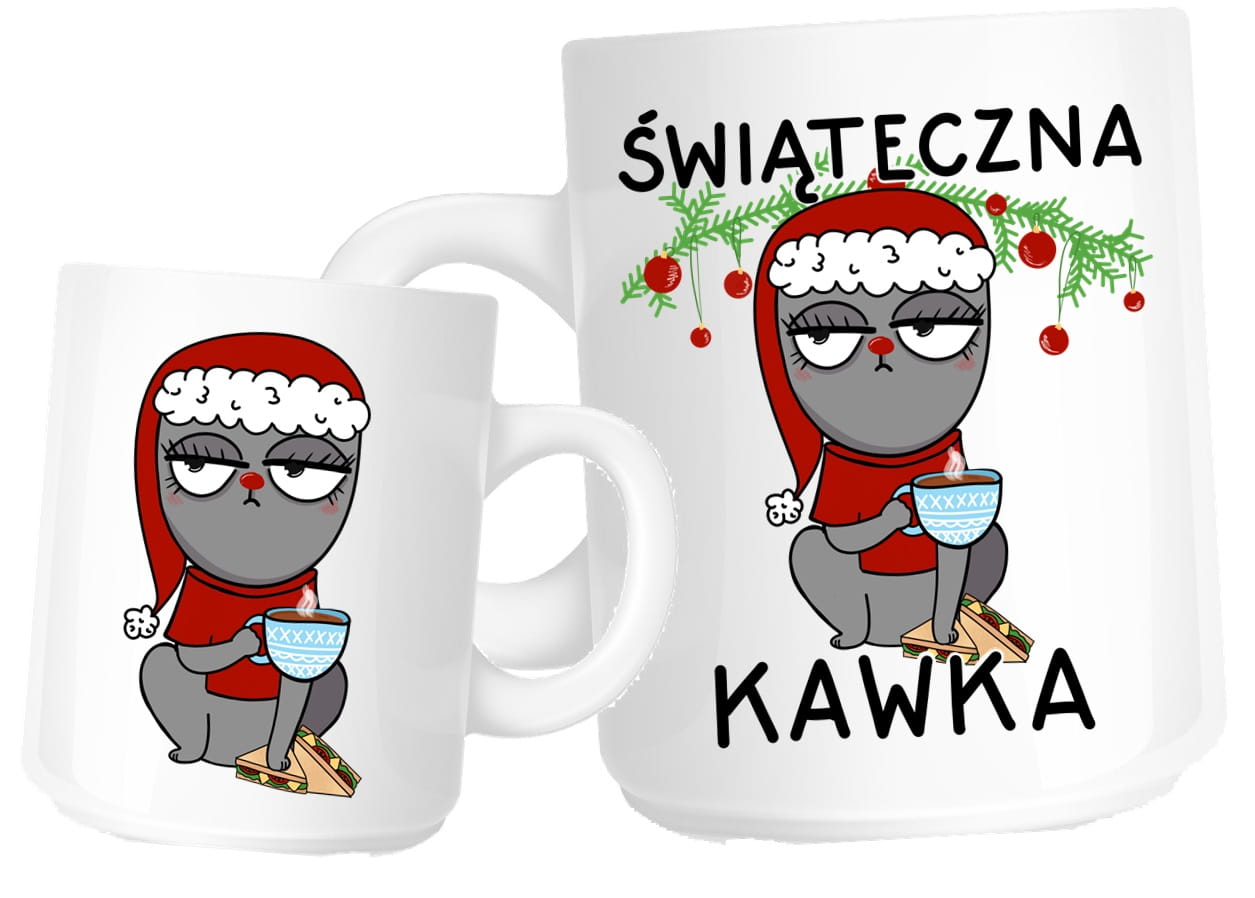 ŚWIĄTECZNY KUBEK NA PREZENT NA ŚWIETA - ŚWIĄTECZNA kawka kotek w czerwonej czapce
