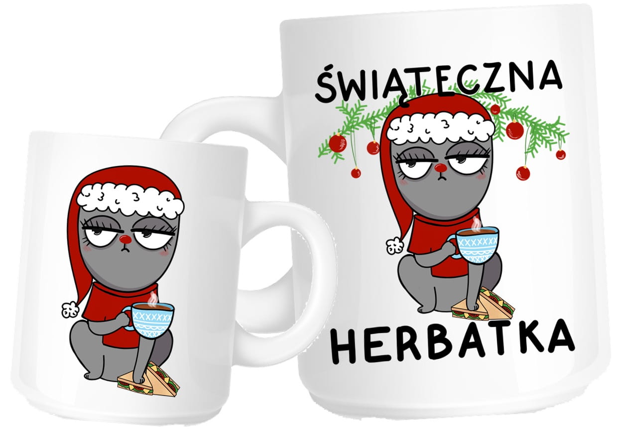ŚWIĄTECZNY KUBEK NA PREZENT NA ŚWIETA - ŚWIĄTECZNA herbatkę kotek w czerwonej czapce