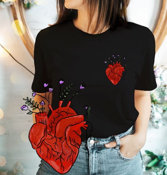 koszulka damska czarna z sercem kwiaty