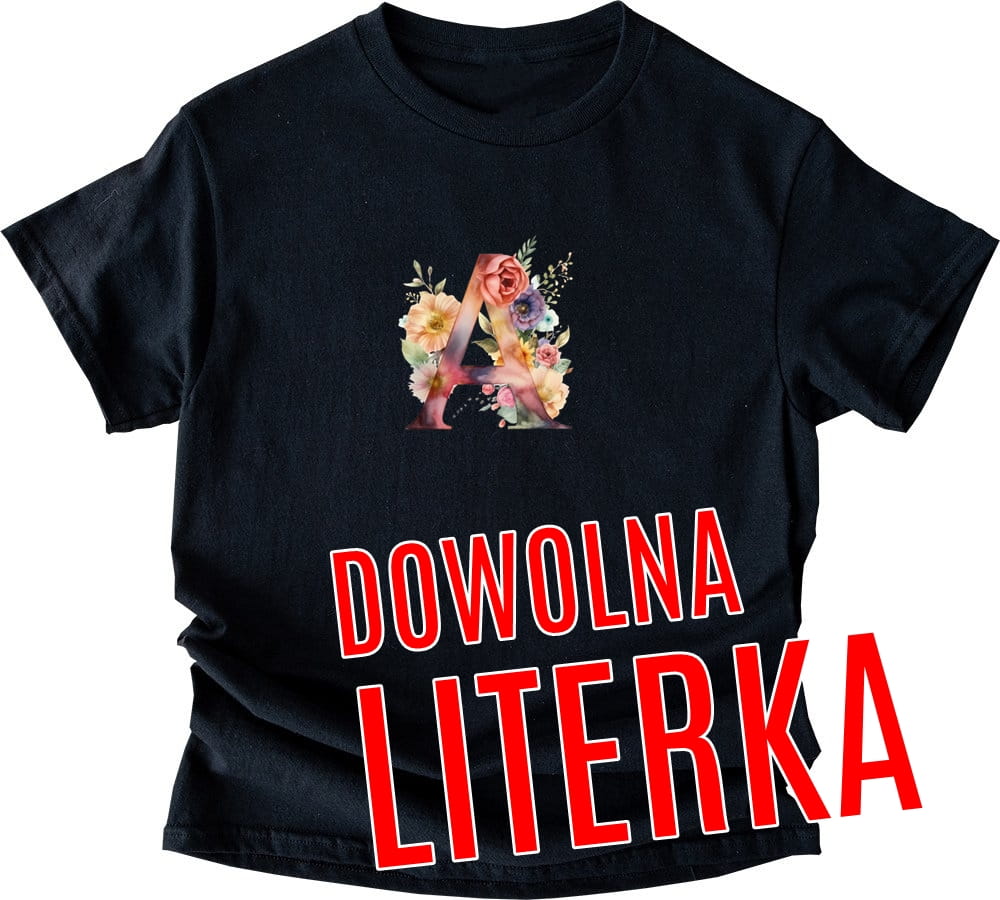 CZARNA KOSZULKA Z PIERWSZĄ LITERKĄ IMIENIA KOLOROWE KWIATY