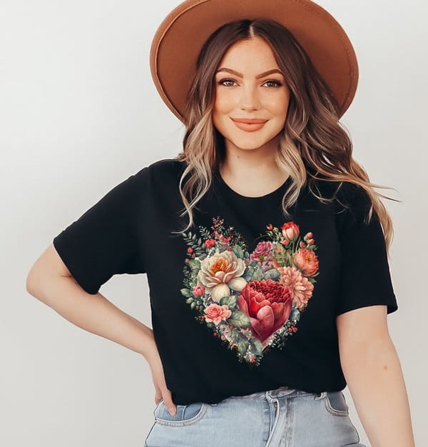 damska czarna koszulka z sercem w kwiaty serce10