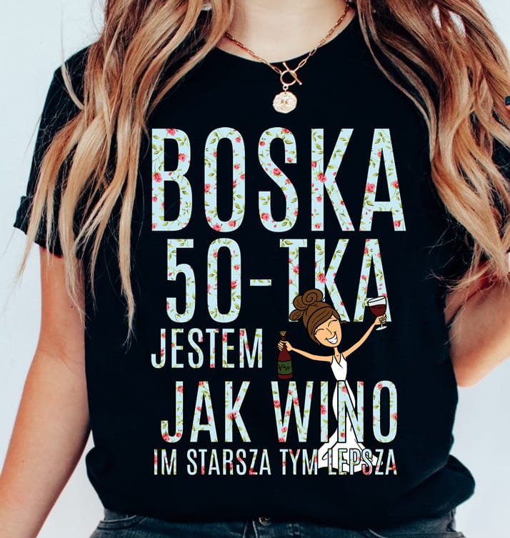 czarna koszulka na 50 urodziny BOSKA 50 DLA brunetki