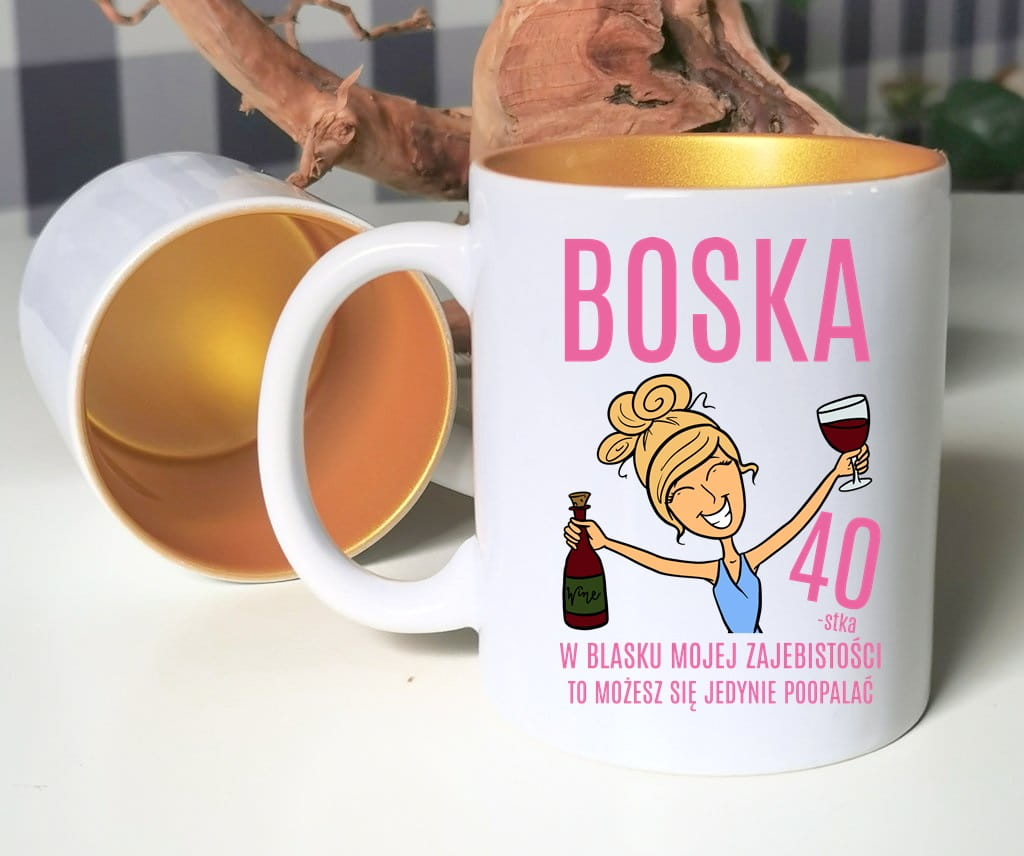 kubek na 40 urodziny dla blondynki boska 40 - brokatowy złoty środek