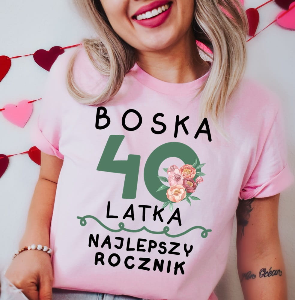 damska koszulka na 40 urodziny boska 40 najlepszy rocznik - kolor różowy