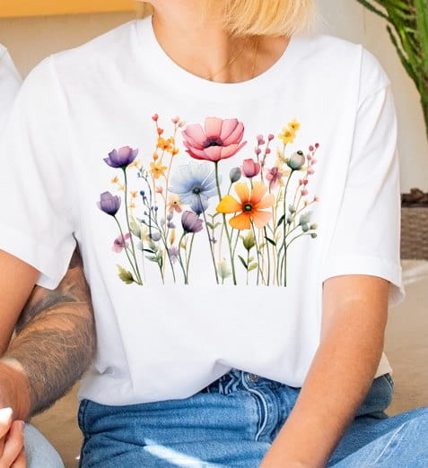 Biała damska koszulka z kwiatkami polnymi B63