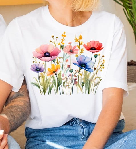 Biała damska koszulka z kwiatkami polnymi B65