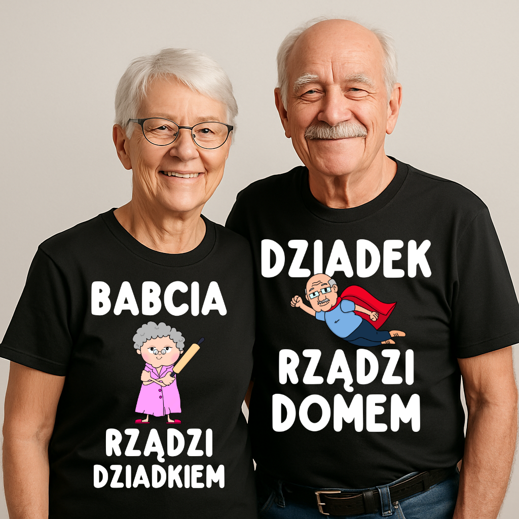 ZESTAW KOSZULEK DLA BABCI I DZIADKA - BABCIA RZĄDZI DZIADKIEM DZIADEK RZĄDZI DOMEM