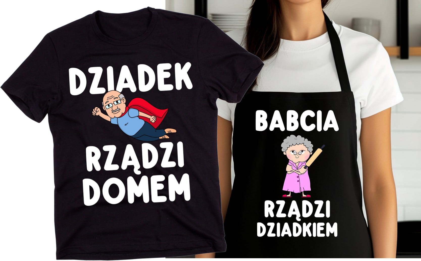 ZESTAW PREZENTOWY DLA BABCI I DZIADKA - KOSZULKA DLA DZIADKA ORAZ FARTUCH DLA BABCI