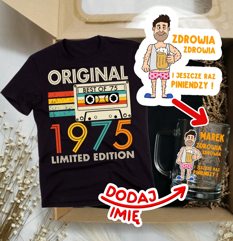 Koszulka na 50 urodziny - zestaw prezentowy na 50 z kuflem z życzeniami