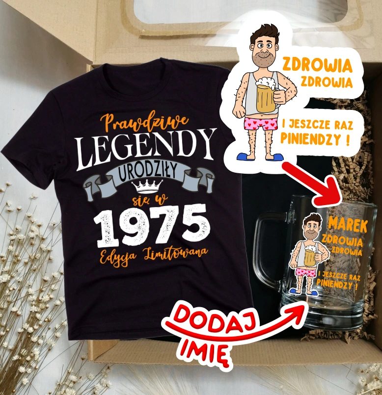 Koszulka na 50 urodziny - zestaw prezentowy na 50 z kuflem z życzeniami