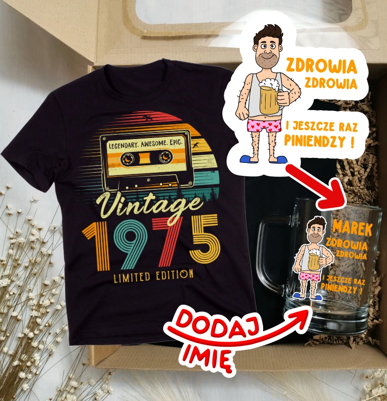 Koszulka na 50 urodziny - zestaw prezentowy na 50 z kuflem z życzeniami