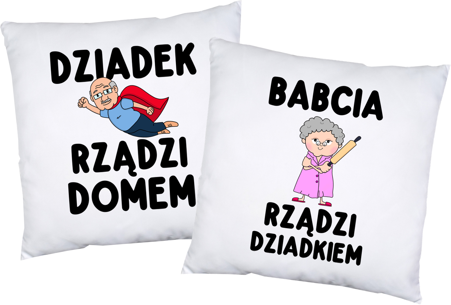 ZESTAW PODUSZEK DLA BABCI I DZIADKA - BABCIA RZĄDZI DZIADKIEM DZIADEK RZĄDZI DOMEM