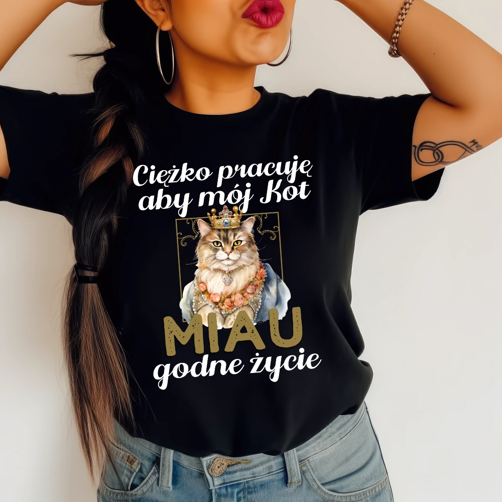 DAMSKA koszulka - ciężko pracuję aby mój kot miau dobre życie