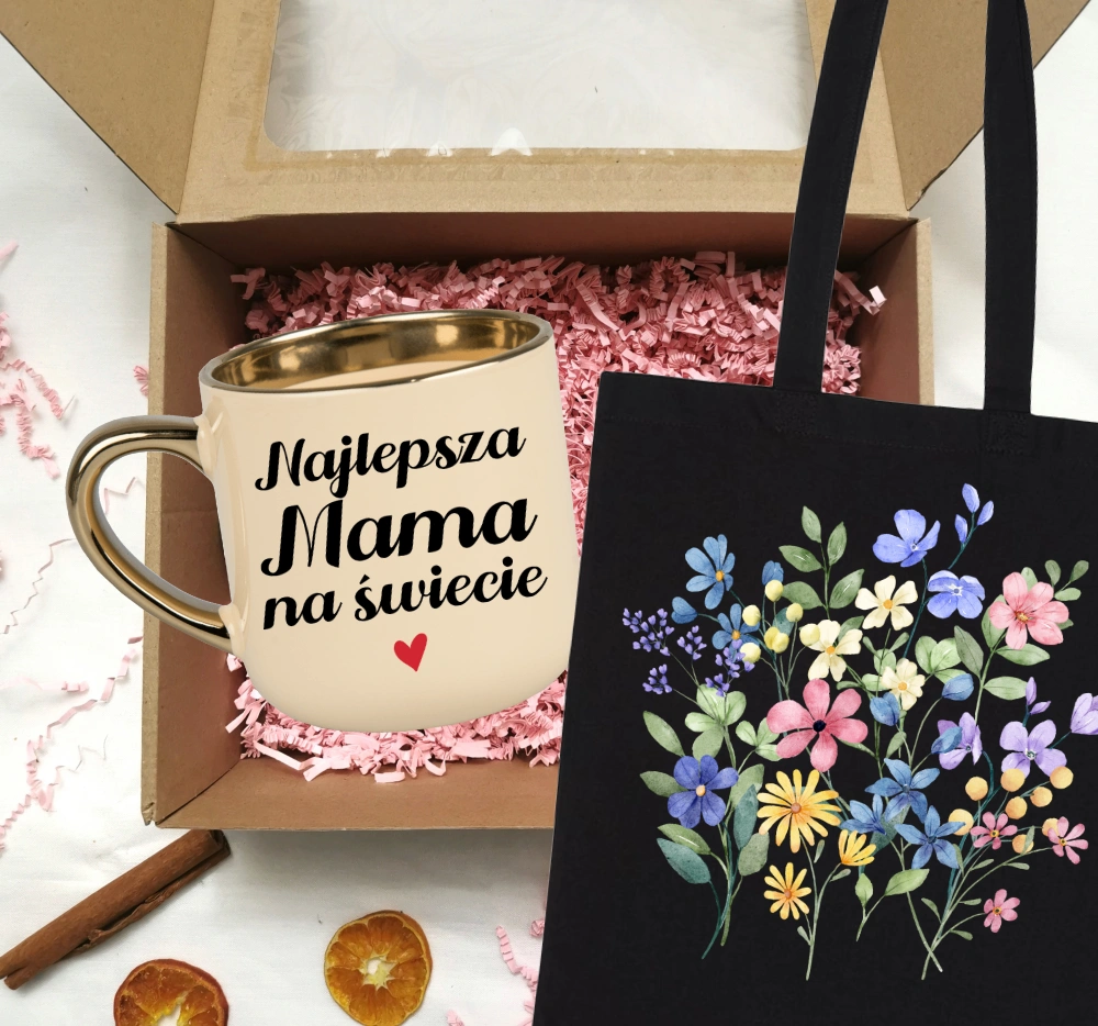 Zestaw prezentowy dla Mamy na Dzień Mamy - KUBEK NAJLEPSZA MAMA NA ŚWIECIE ORAZ TORBA W KWIATY - wzór kwiatki7
