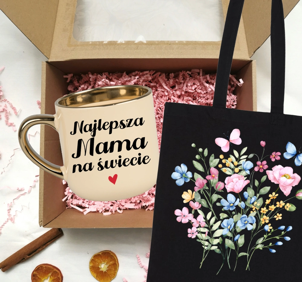 Zestaw prezentowy dla Mamy na Dzień Mamy - KUBEK NAJLEPSZA MAMA NA ŚWIECIE ORAZ TORBA W KWIATY - wzór kwiatki5