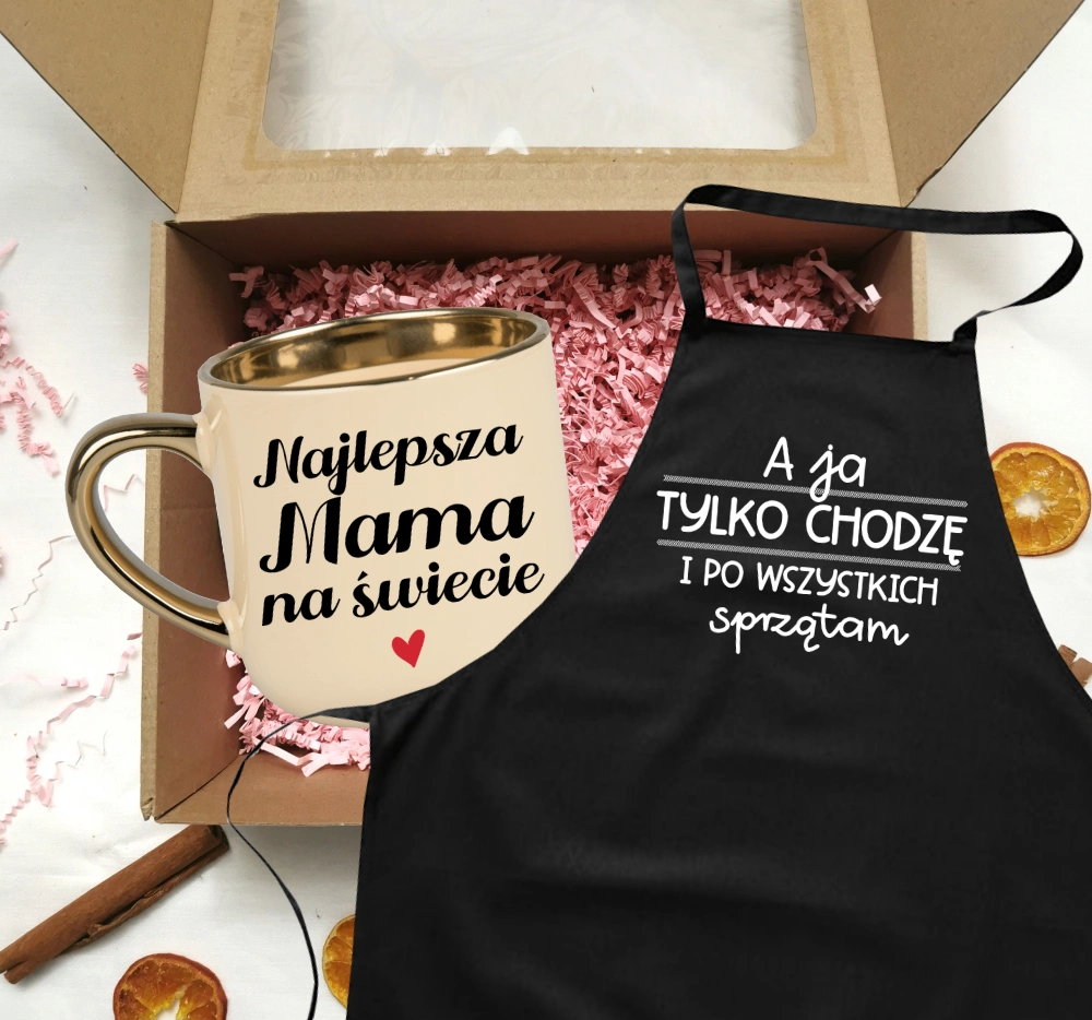 Zestaw prezentowy dla Mamy na Dzień Mamy - KUBEK NAJEPSZA MAMA NA ŚWIECIE ORAZ FARTUCH A JA TYLKO CHODZE I PO WSZYSTKICH SPRZĄTAM