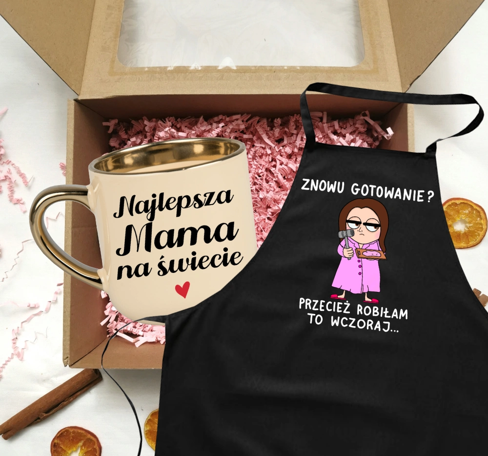 Śmieszny zestaw prezentowy dla mamy - z fartuchem znowu gotowanie przecież robiłam to wczoraj - z brunetką