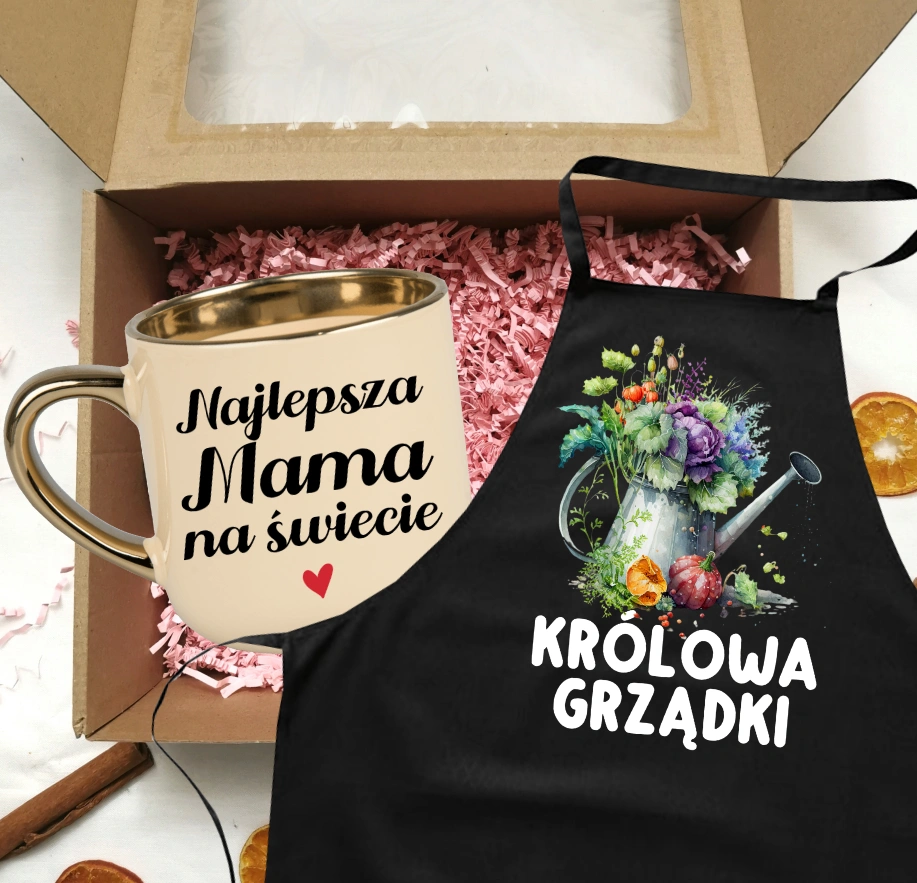 Zestaw prezentowy dla mamy - kubek NAJLEPSZA MAMA NA ŚWIECIE z fartuchem KRÓLOWA GRZĄDKI