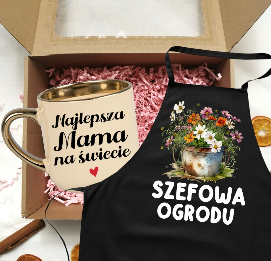 Zestaw prezentowy dla mamy - kubek NAJLEPSZA MAMA NA ŚWIECIE oraz fartuch SZEFOWA OGRODU