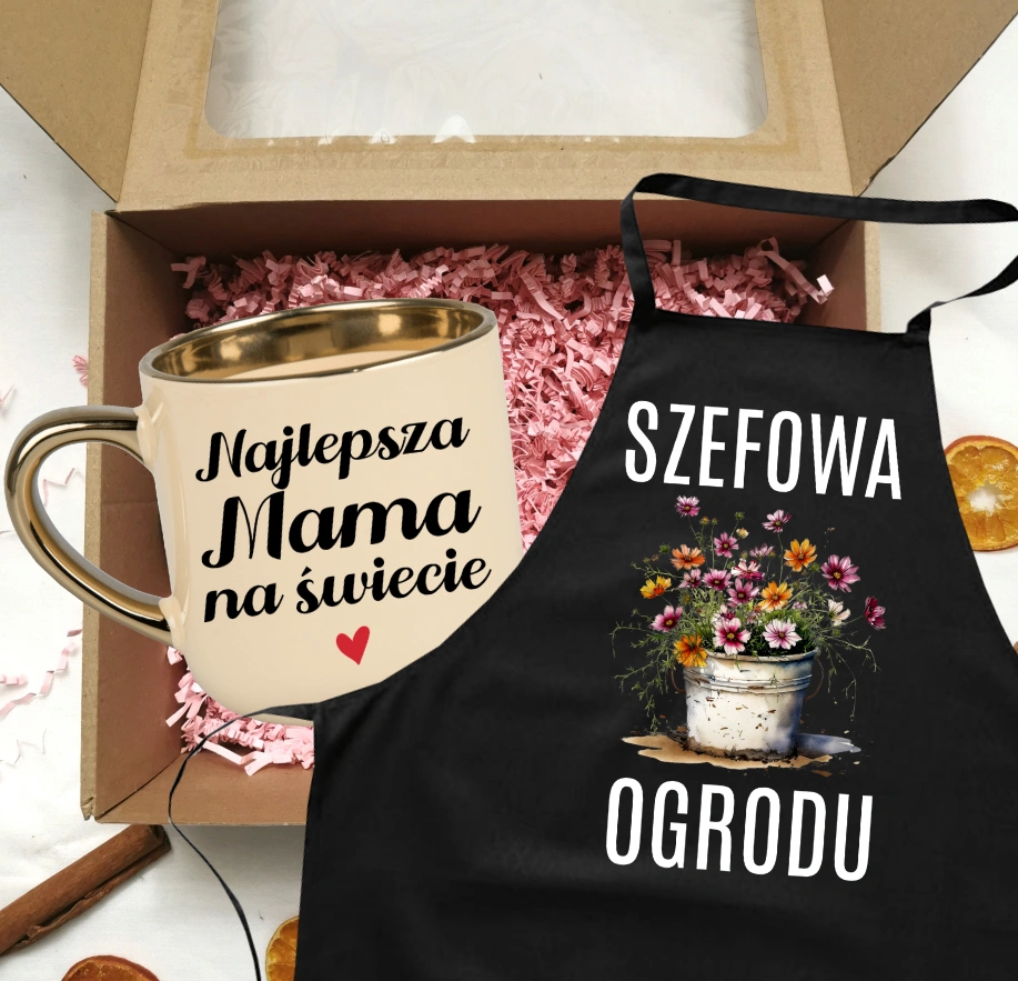 Zestaw prezentowy dla mamy - kubek NAJLEPSZA MAMA NA ŚWIECIE oraz fartuch SZEFOWA OGRODU NA PREZENT