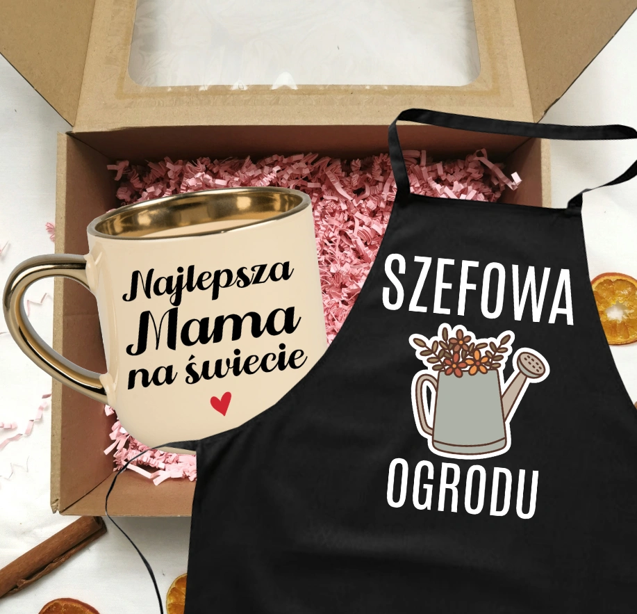 Zestaw prezentowy dla mamy - kubek NAJLEPSZA MAMA NA ŚWIECIE oraz fartuch SZEFOWA OGRODU NA DZIEŃ MATKI