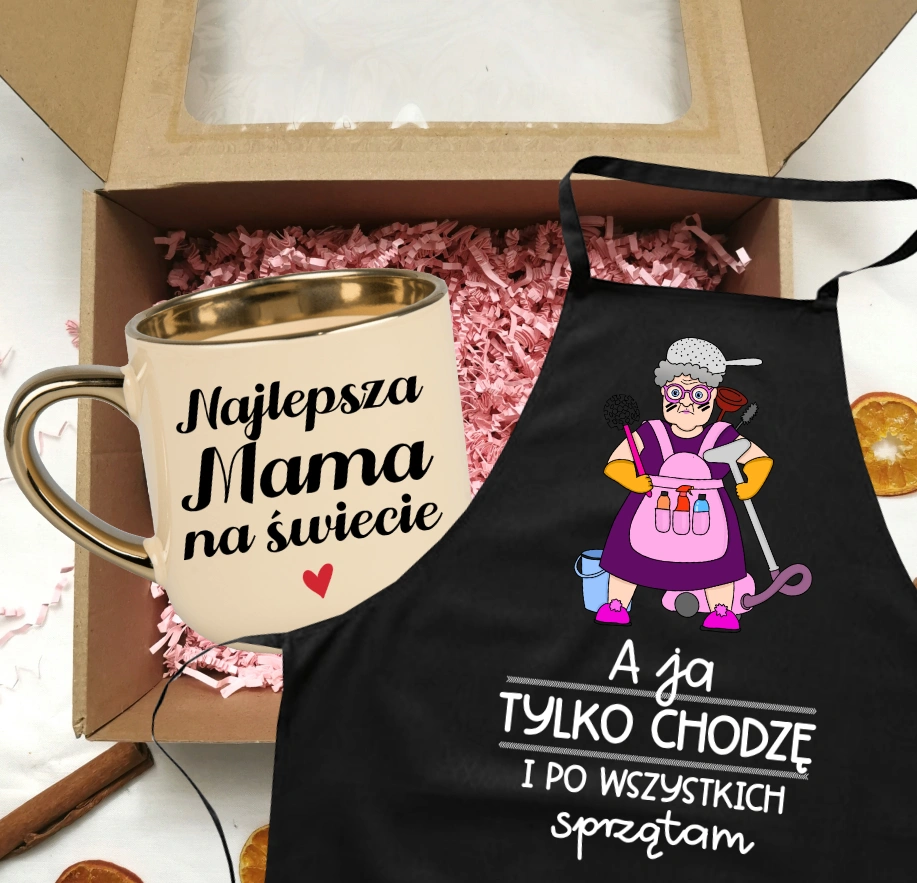 Zestaw prezentowy dla mamy - ZE ŚMIESZNYM FARTUCHEM - A JA TYLKO CHODZE I PO WSZYSTKICH SPRZĄTAM