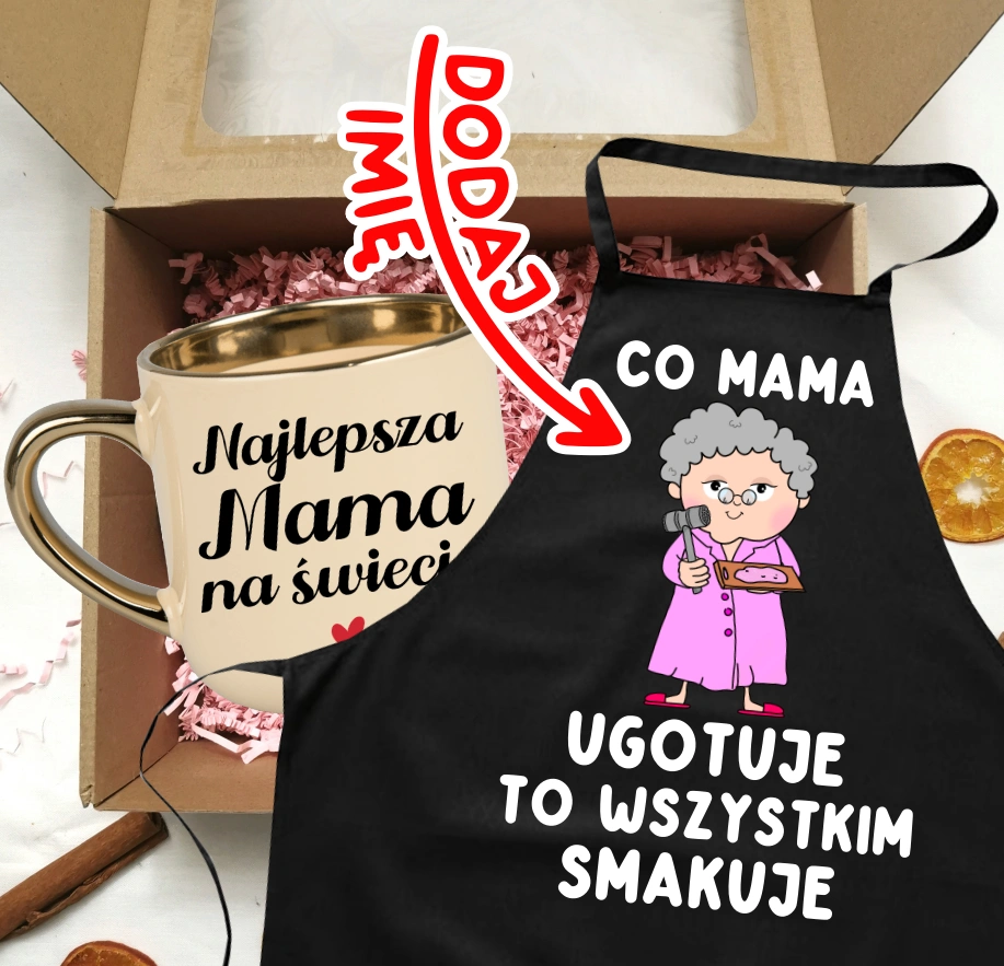 Zestaw prezentowy dla Mamy z okazji Dnia Mamy - kubek Najlepsza Mama na świecie oraz fartuch z imieniem - CO MAMA UGOTUJE TO WSZYSTKIM SMAKUJE - SIWE