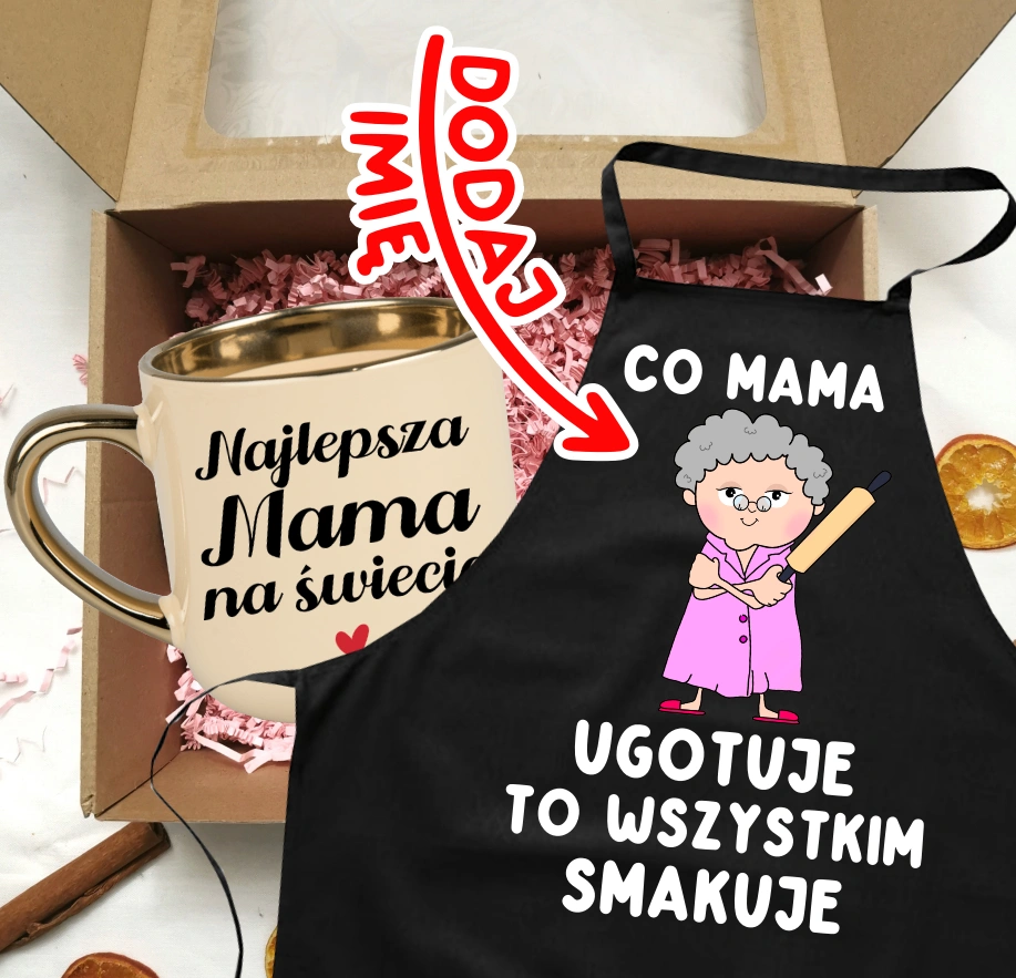 Zestaw prezentowy dla Mamy z okazji Dnia Mamy - kubek Najlepsza Mama na świecie oraz fartuch z imieniem - CO MAMA UGOTUJE TO WSZYSTKIM SMAKUJE - POSTA