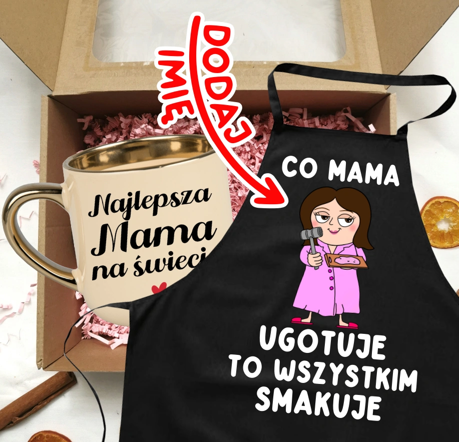 Zestaw prezentowy dla Mamy z okazji Dnia Mamy - kubek Najlepsza Mama na świecie oraz fartuch z imieniem - CO MAMA UGOTUJE TO WSZYSTKIM SMAKUJE - POSTA