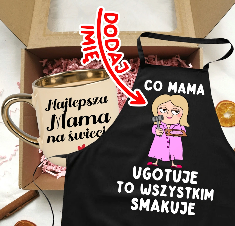Zestaw prezentowy dla Mamy z okazji Dnia Mamy - kubek Najlepsza Mama na świecie oraz fartuch z imieniem - CO MAMA UGOTUJE TO WSZYSTKIM SMAKUJE - POSTA