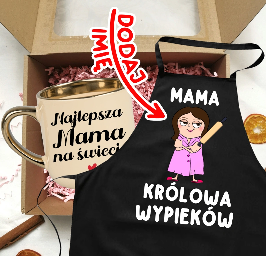 Zestaw prezentowy dla Mamy z okazji Dnia Mamy - kubek Najlepsza Mama na świecie oraz fartuch z imieniem - MAMA KRÓLOWA WYPIEKÓW - POSTAĆ BRĄZOWE WŁOSY